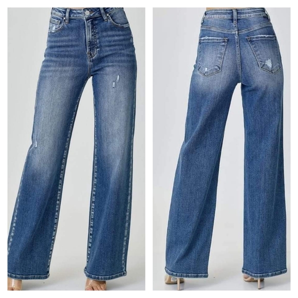 Risen High Rise Wide Leg Bow Embroidered Jeans